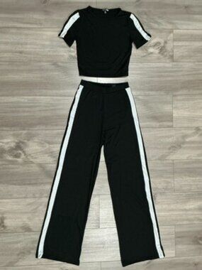 Fashion Nova Black 2 Piece Set Crop Top Wide Leg Pants XS